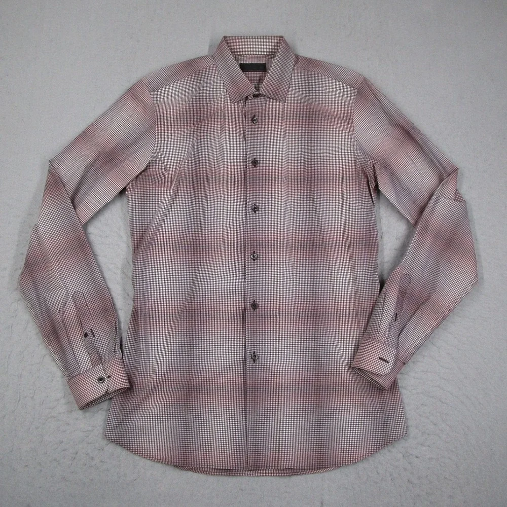 Prada Mens Burgundy White Micro Check Cotton Button Down Shirt 15.5 39 UCM595